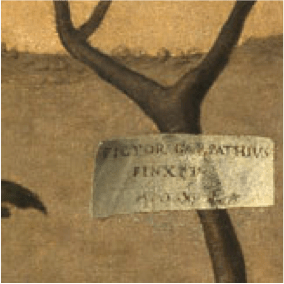 Detail from Carpaccio's Young Knight in a Landscape showing signed 